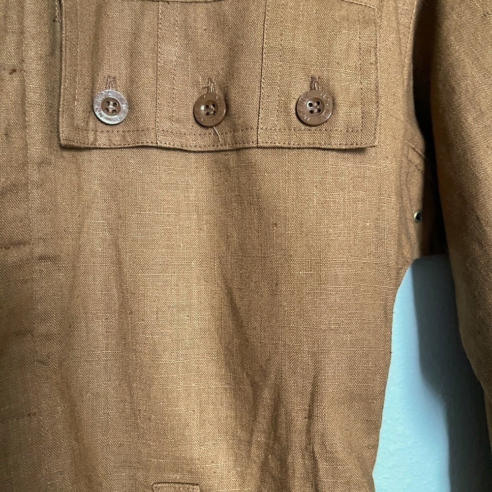 Vintage 80s Linen Safari Shirt Dress Tan Belted Utility Style | Size M | NWT - Picture 8 of 12